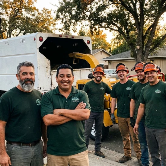 Tree service owner and crew with chip truck on a Jacksonville street